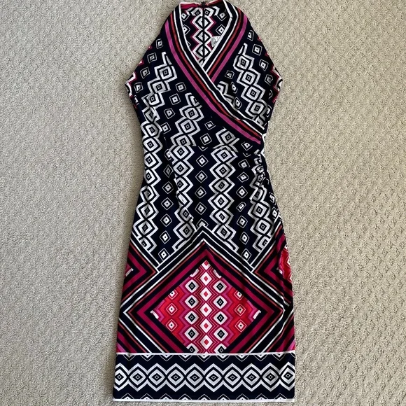 Joseph Ribkoff Abstract Print Sleeveless Sheath Dress Navy/Pink/White Size 4 - Picture 3 of 13